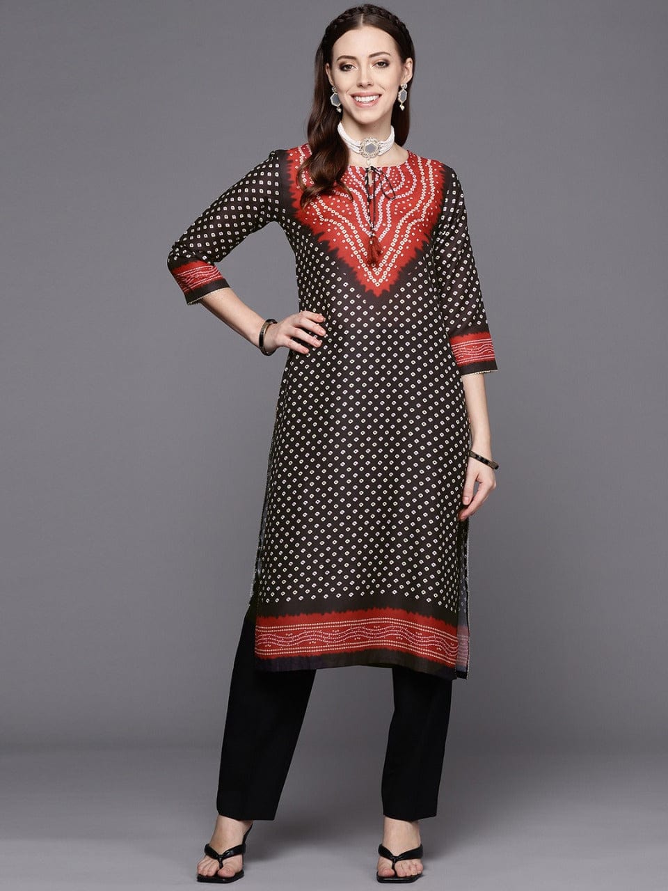 Buy Jaipur Kurti Women Black Ethnic Print Straight Cotton Short Kurta With  Pyjamas (Set Of 3) online